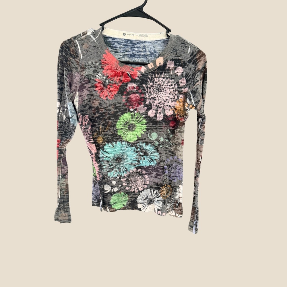 Vintage Highway Womens Gray Floral Burnout Long Sleeve Graphic Tee Shirt Small